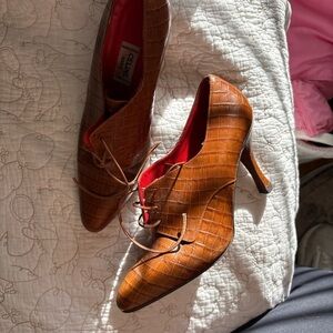 Celine Tan Croc-Embossed Heels